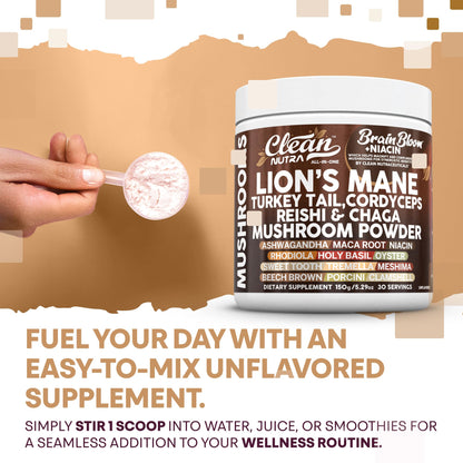 Clean Nutra Lion's Mane Turkey Tail Cordyceps Reishi Chaga Mushroom Powder + Ashwagandha Niacin Calm Stress Memory Adrenal Support Supplements Maca Rhodiola Holy Basil Apaptogen Supplement Unflavored