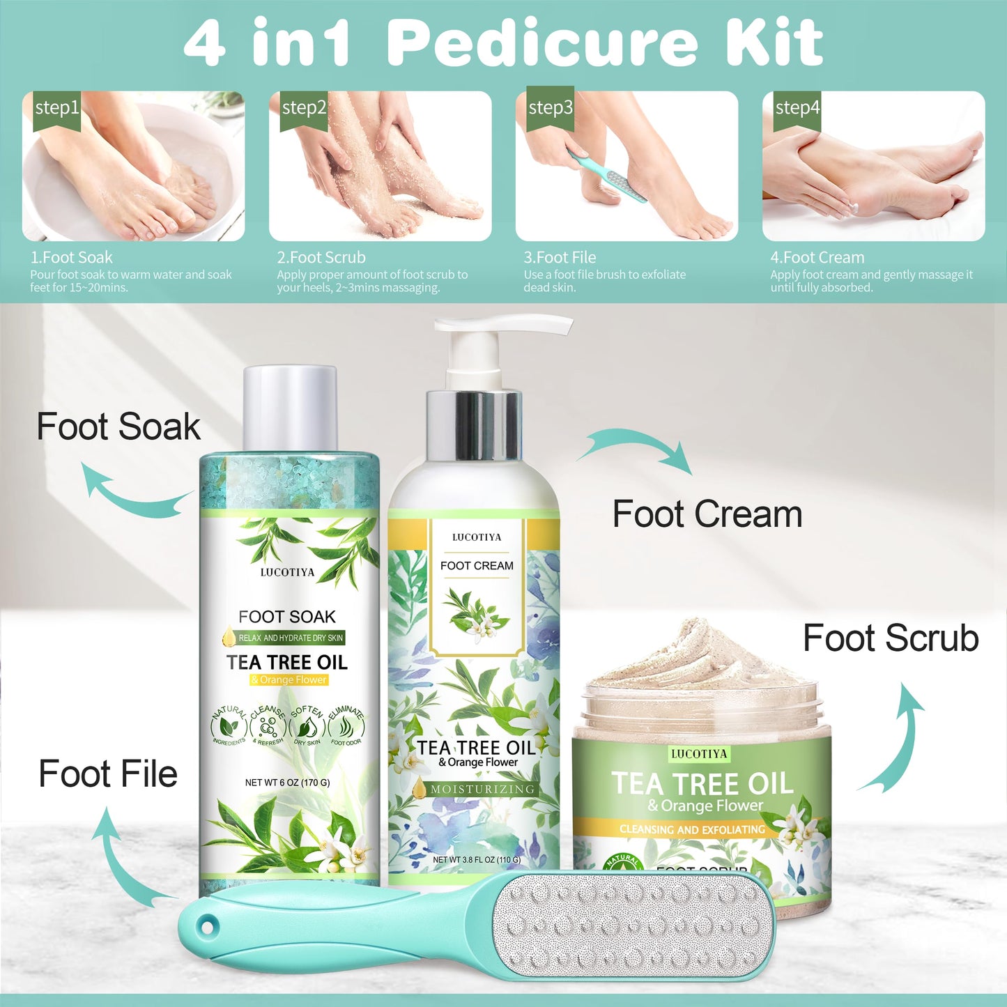 LUCOTIYA Tea Tree & Orange Flower Foot Soak Set - Salts, Foot File, Scrub & Urea Cream Pedicure Supplies for Dry, Cracked Feet - Foot Spa Pedicure Kit for Women Men