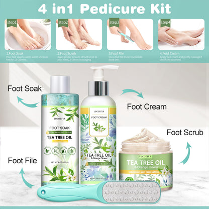 LUCOTIYA Tea Tree & Orange Flower Foot Soak Set - Salts, Foot File, Scrub & Urea Cream Pedicure Supplies for Dry, Cracked Feet - Foot Spa Pedicure Kit for Women Men