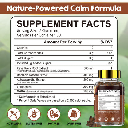 Kava Kava Root Extract Supplement: Natural Kava Gummies with L Theanine, Ashwagandha and GABA for Cognitive & Immune Support Herbal Supplement for Adults