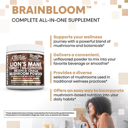 Clean Nutra Lion's Mane Turkey Tail Cordyceps Reishi Chaga Mushroom Powder + Ashwagandha Niacin Calm Stress Memory Adrenal Support Supplements Maca Rhodiola Holy Basil Apaptogen Supplement Unflavored