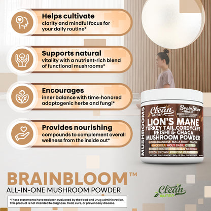 Clean Nutra Lion's Mane Turkey Tail Cordyceps Reishi Chaga Mushroom Powder + Ashwagandha Niacin Calm Stress Memory Adrenal Support Supplements Maca Rhodiola Holy Basil Apaptogen Supplement Unflavored