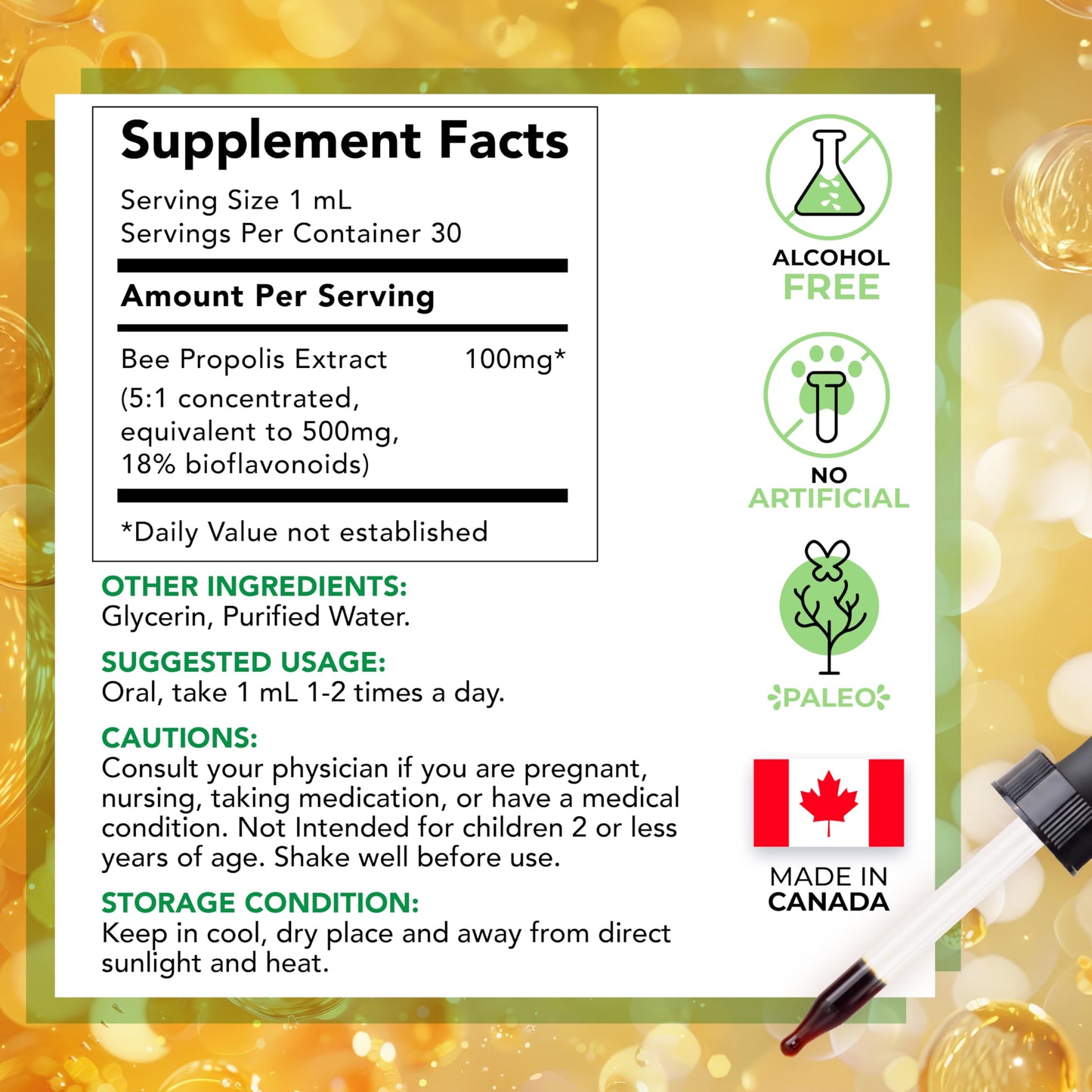 Bee Propolis Liquid Extract 500mg, 5:1 Resin Drops with 18% Bioflavonoids, Alcohol-Free Antioxidant, Immune Support & Throat Soothing, Gluten-Free, Non-GMO, 1 Fl Oz (30 mL), 30 Day Supply