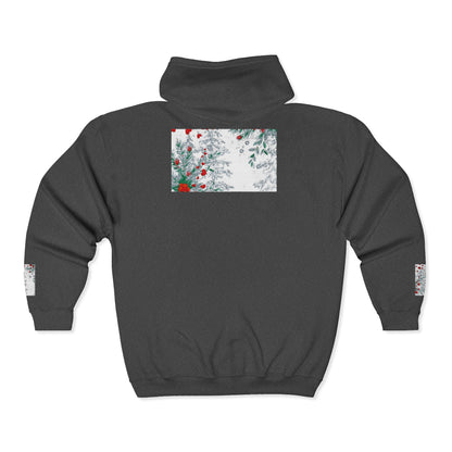 She Is as Deep As...Floral Snowfall Zip Hoodie — Holiday Red Berry Winter Design