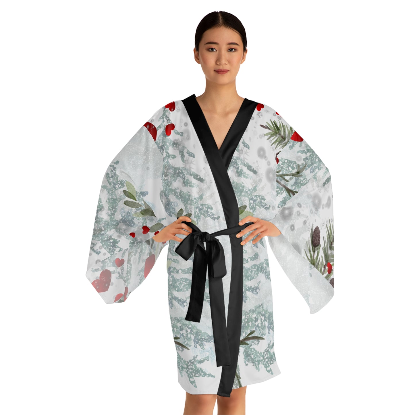 Her Heart Floral Kimono Robe —Silky Holiday Pine & Red Heart Print
