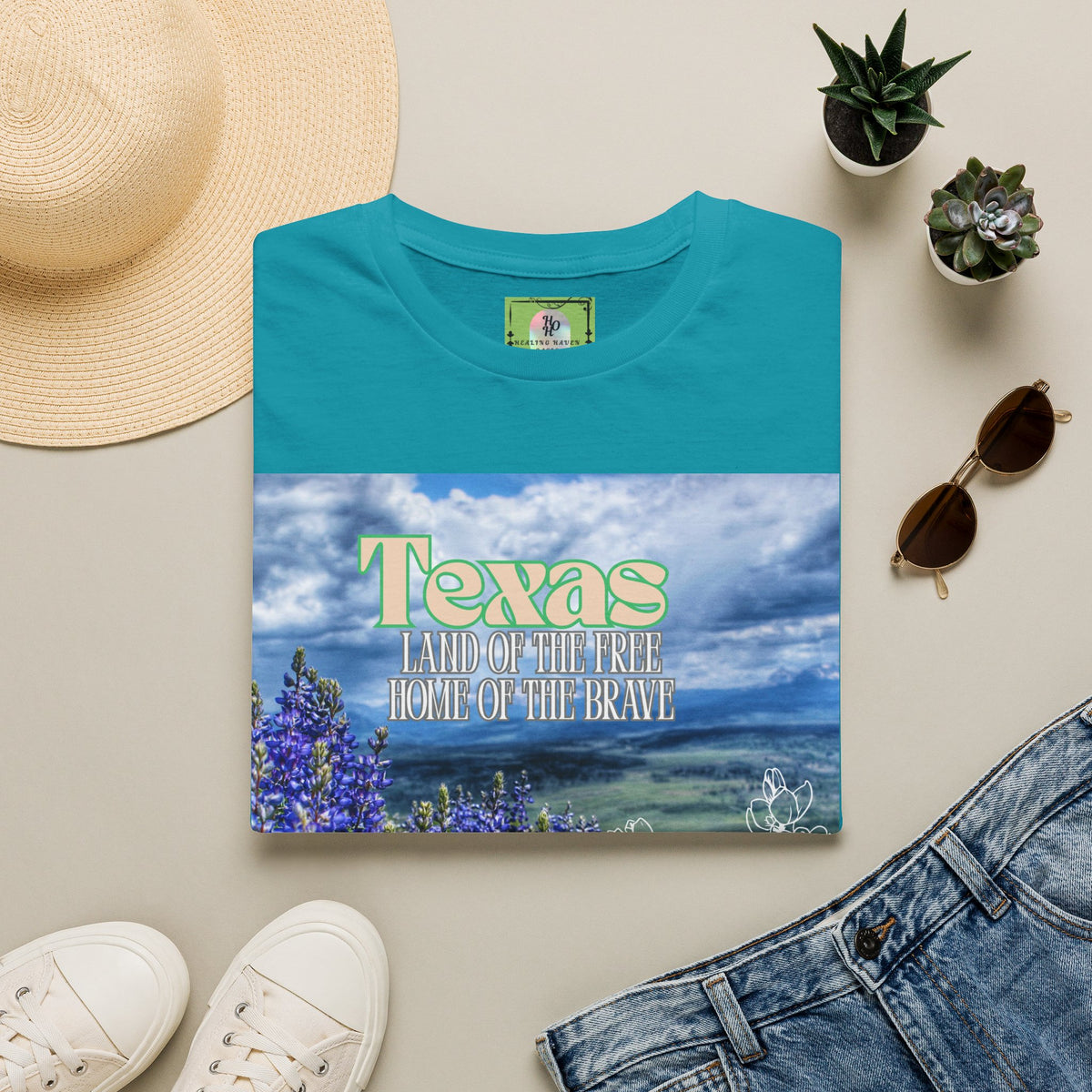 Texas Bluebonnet T-Shirt — "Texas: Land of the Free, Home of the Brave"