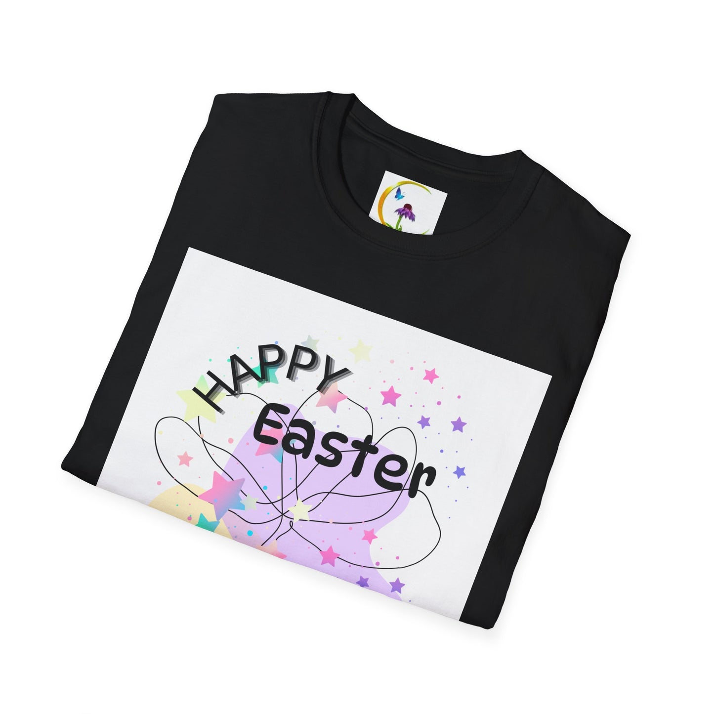 Happy Easter Unisex Softstyle T-Shirt with Floral Back Design