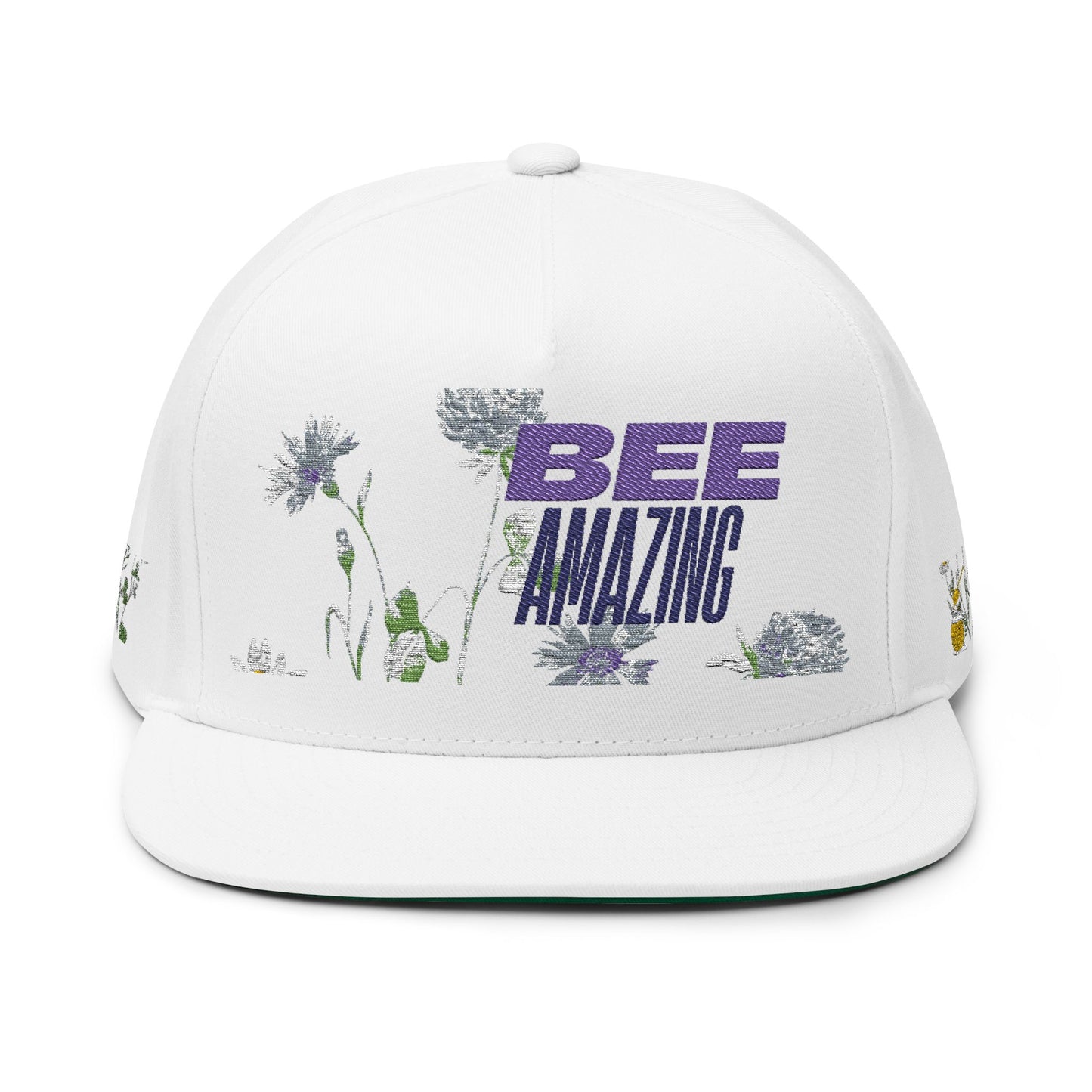 Flat Bill Cap - "Bee Amazing" Embroidered Floral Snapback