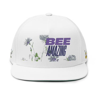 Flat Bill Cap - "Bee Amazing" Embroidered Floral Snapback