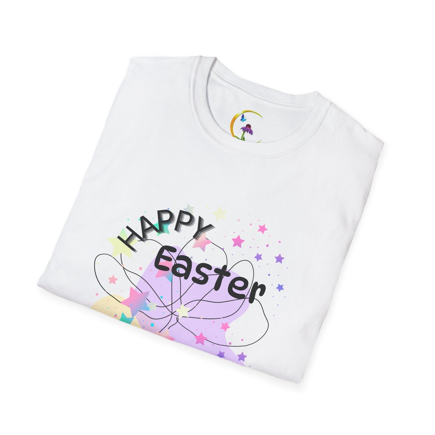 Happy Easter Unisex Softstyle T-Shirt with Floral Back Design