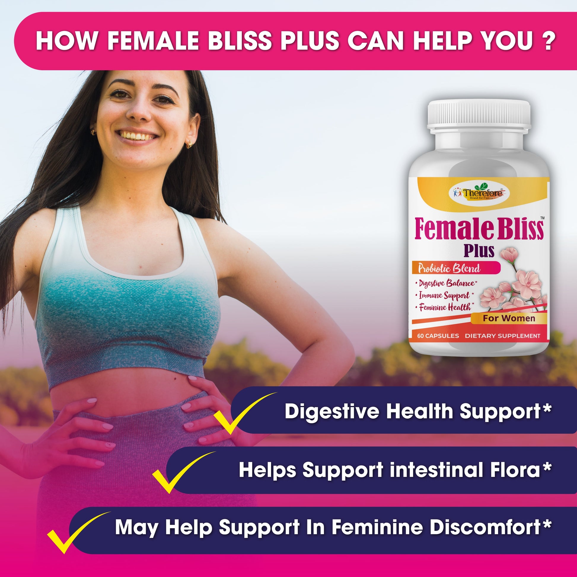 Female Bliss Women Probiotics Supplements for Vaginal Health, Ph Balance for Women 60 Vegan Capsules