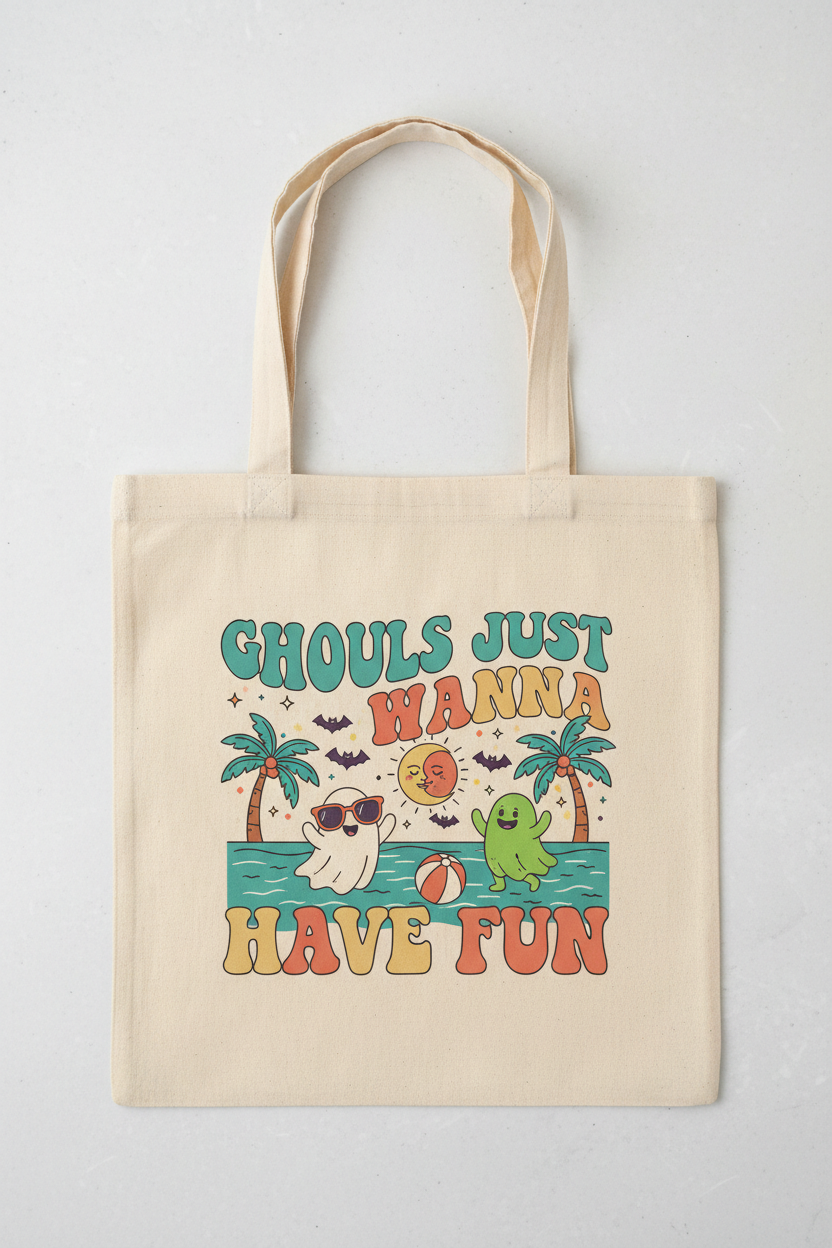Beach Vibes Cotton Tote Bag with Ghouls Just Wanna Have Sun Design, Summer Tote, Cute Beach Bag, Gift for Beach Lovers, Sun Lover's Tote